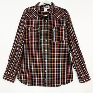 Banded Flannel Button Down Long Sleeve Shirt Brown & Orange Men's Large